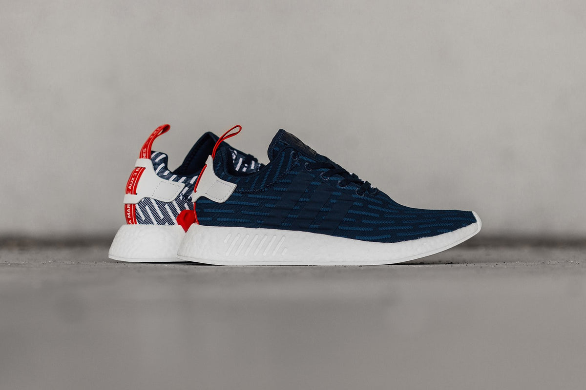 Adidas Originals NMD_R2 Primeknit In Collegiate Navy/White Available Now
