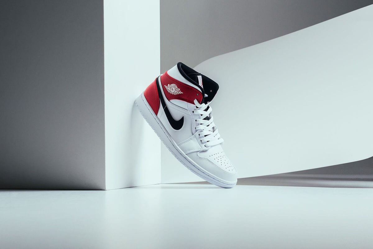 Air Jordan 1 Mid In White/Black/Gym Red Available Now