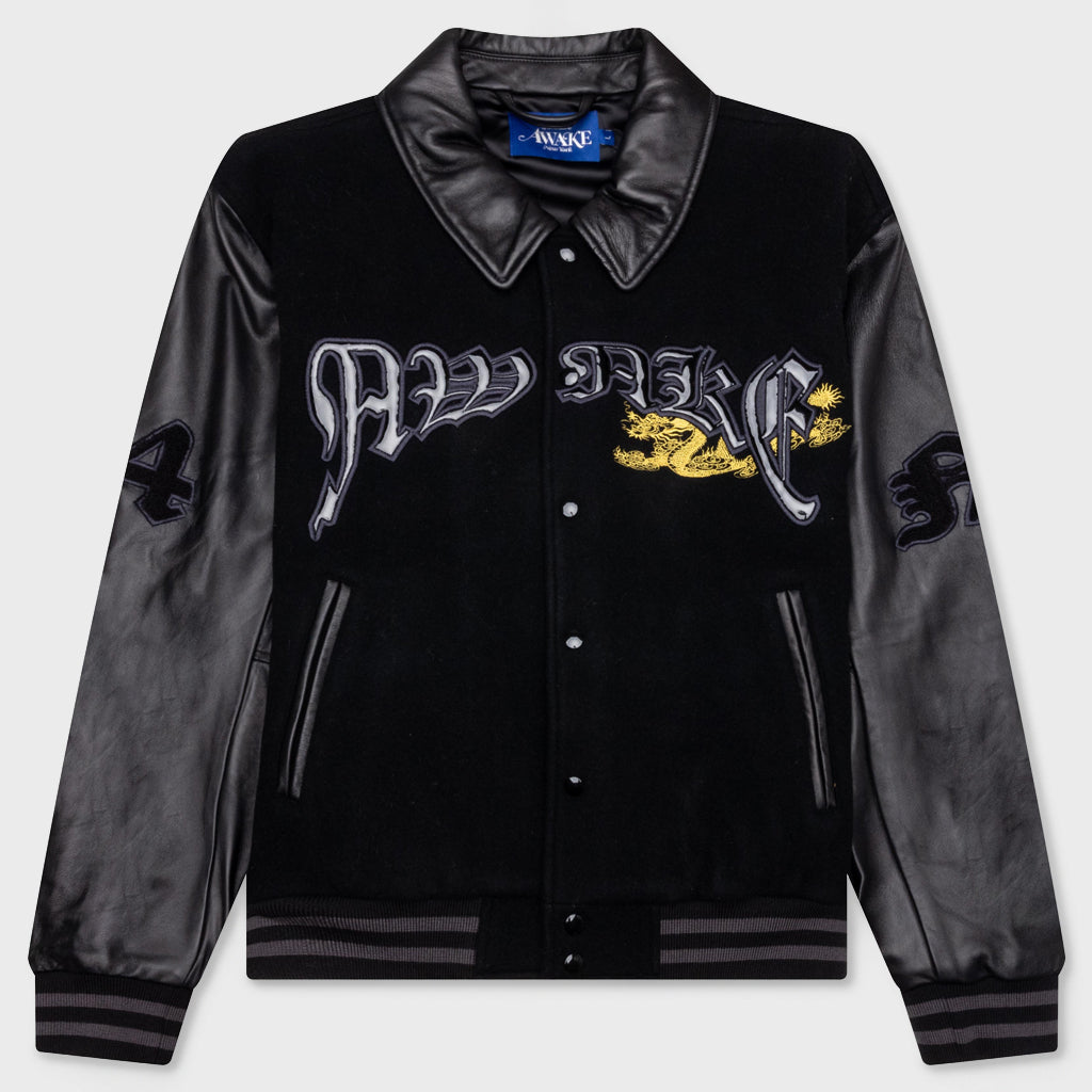 Dragon Embroidered Varsity Jacket - Black