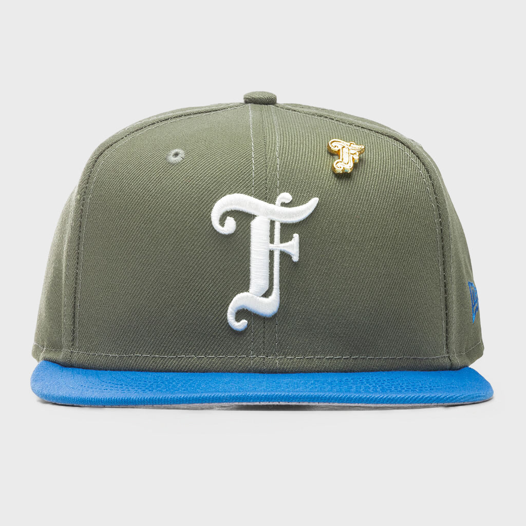 Old English F Snapback Hat w/ Pin - Olive/Rainstorm Blue
