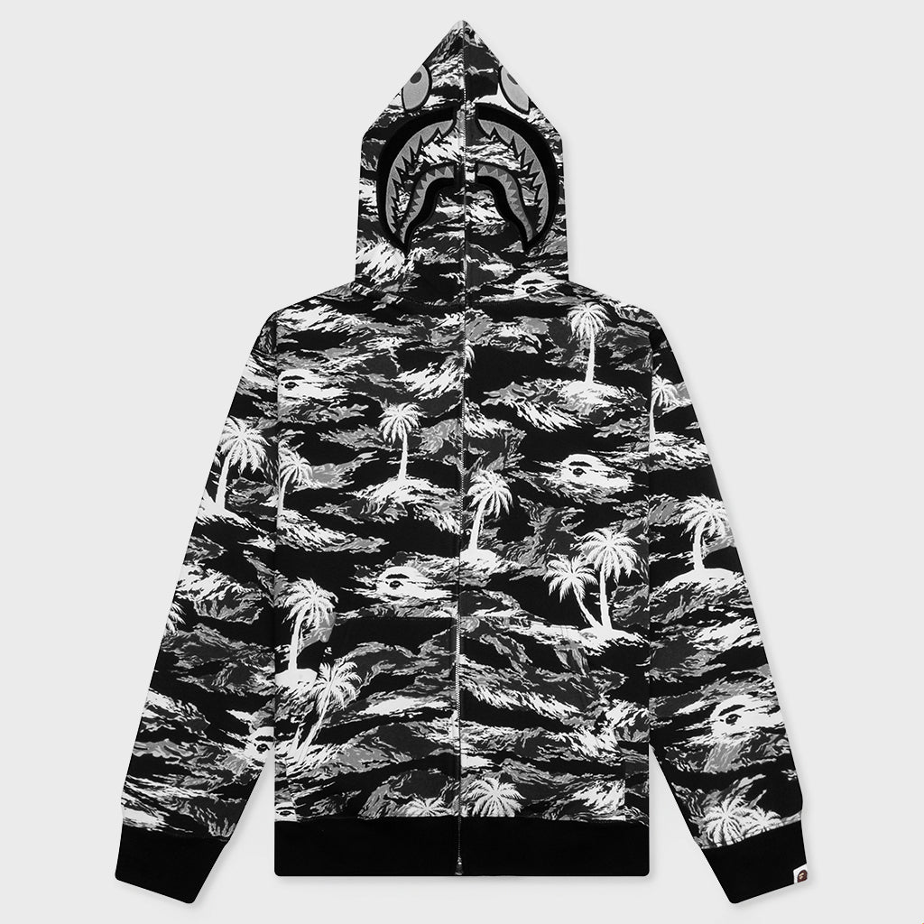 Palm Tree Camo Relaxed Fit Shark Full Zip Hoodie - Black