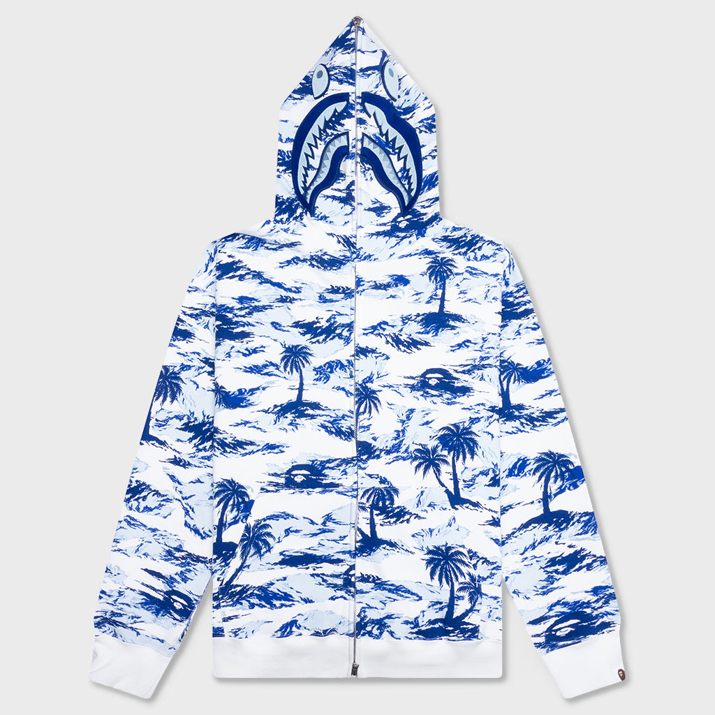 Palm Tree Camo Relaxed Fit Shark Full Zip Hoodie - Blue